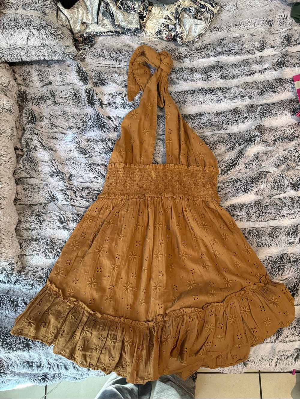 Backless Halter Mini Dress in Mustard with Eyelet Detail